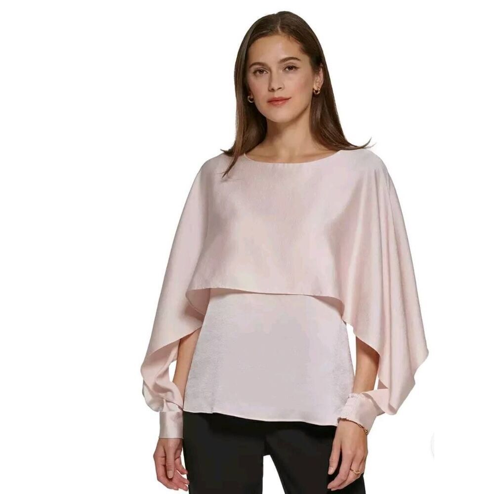 DKNY Top Blouse Womens Large Cape Overlay Crewneck Rosette Pink Careerwear Busin